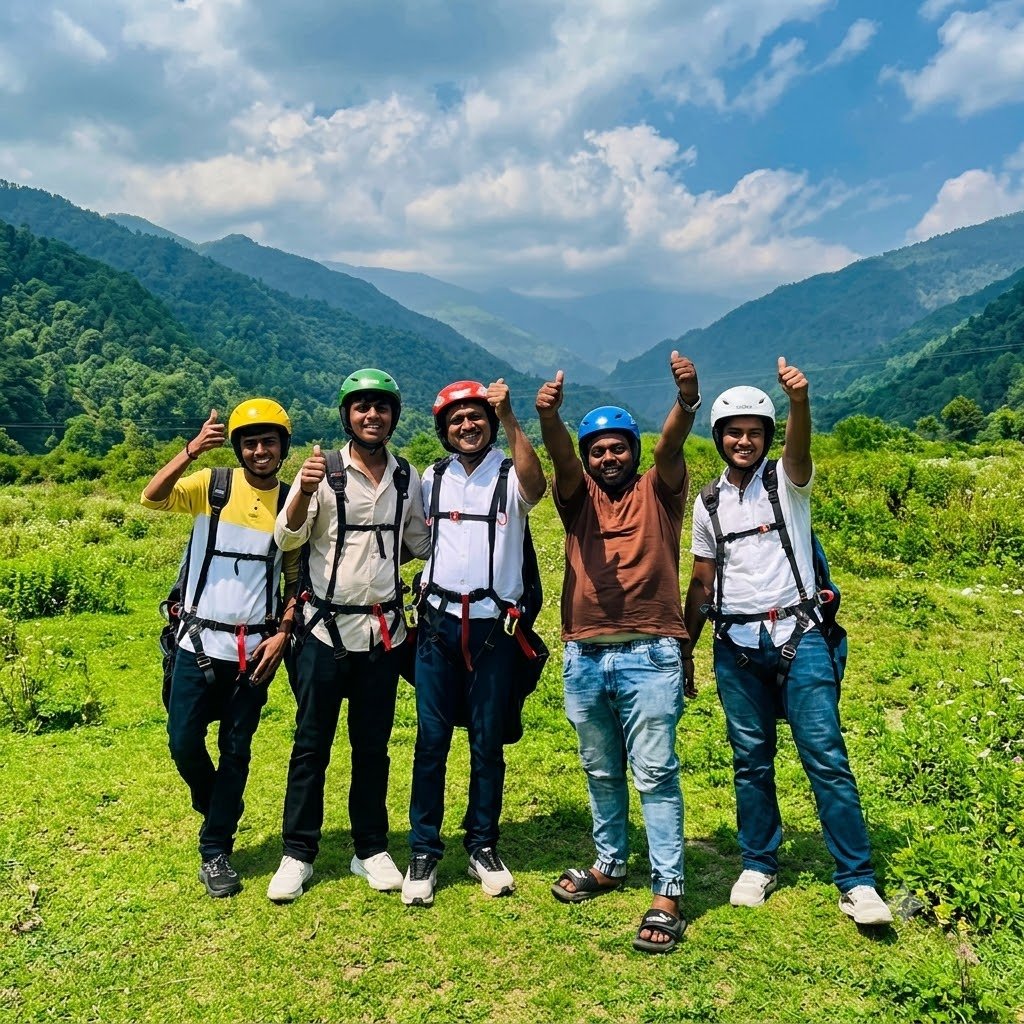 Happy paragliding flyers after landing in Kotabagh.